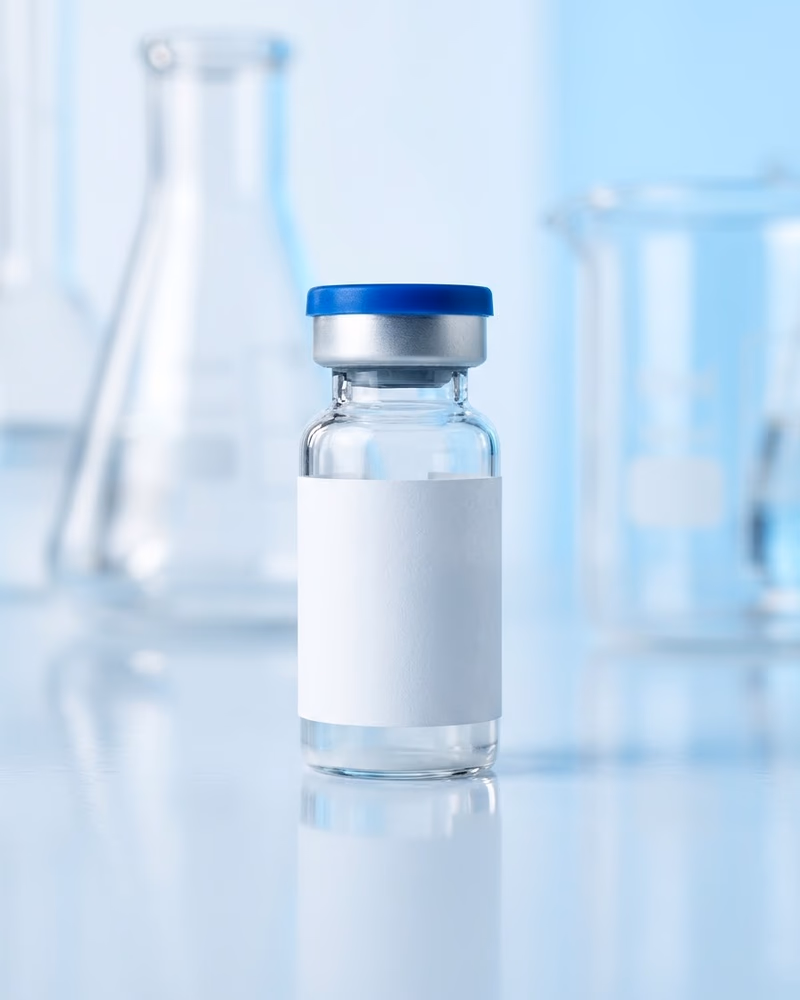 Clear sterile injection vial with a blank white label and a blue cap, standing on a laboratory bench beside glassware